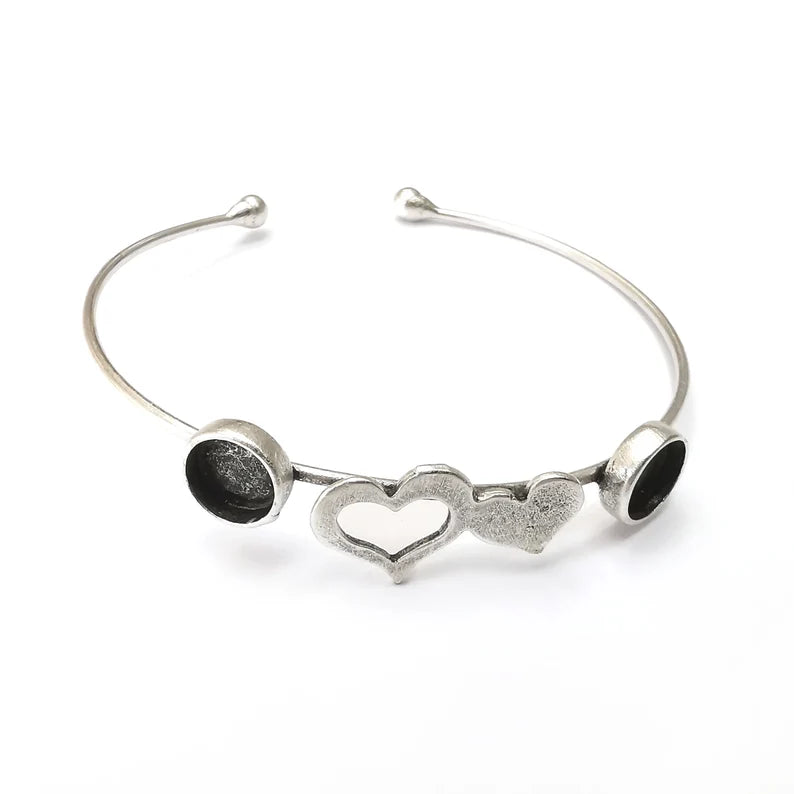 Heart Silver Bracelet Brass Cuff Blank Bezel Glass Cabochon Base Adjustable Antique Silver Brass (8 mm blank) G34105