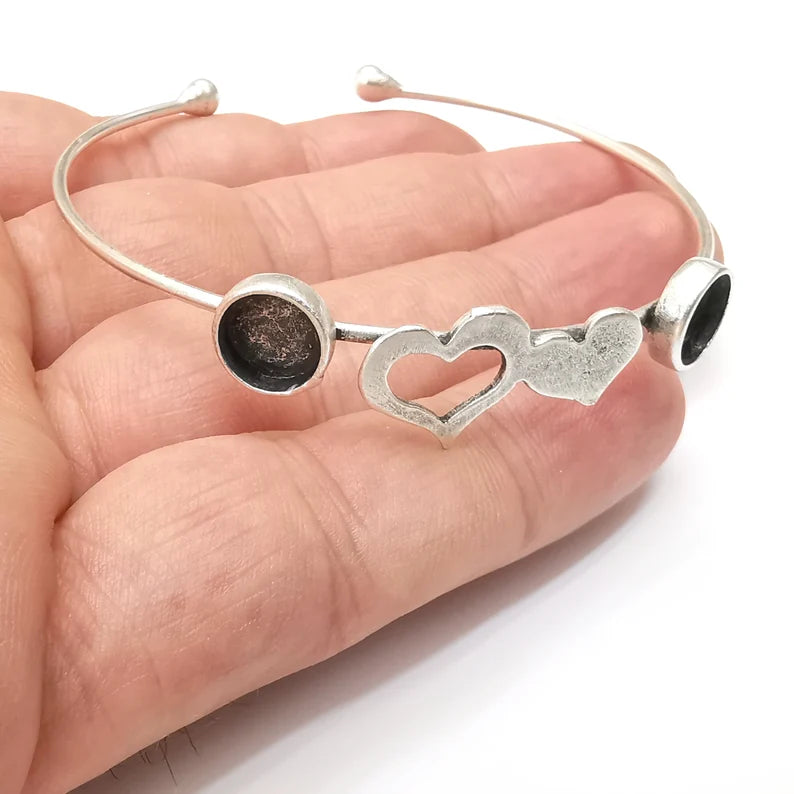 Heart Silver Bracelet Brass Cuff Blank Bezel Glass Cabochon Base Adjustable Antique Silver Brass (8 mm blank) G34105