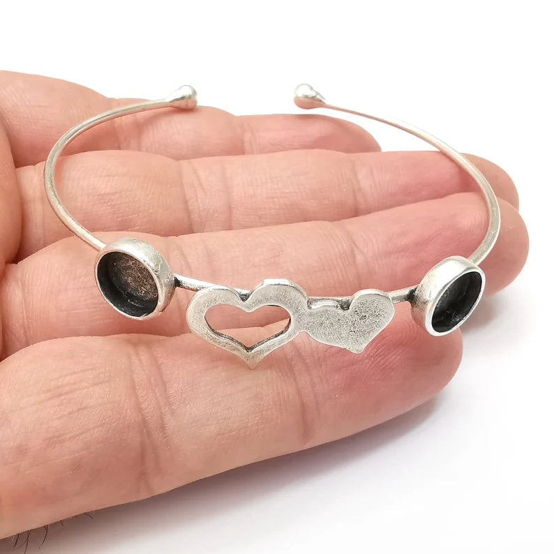 Heart Silver Bracelet Brass Cuff Blank Bezel Glass Cabochon Base Adjustable Antique Silver Brass (8 mm blank) G34105