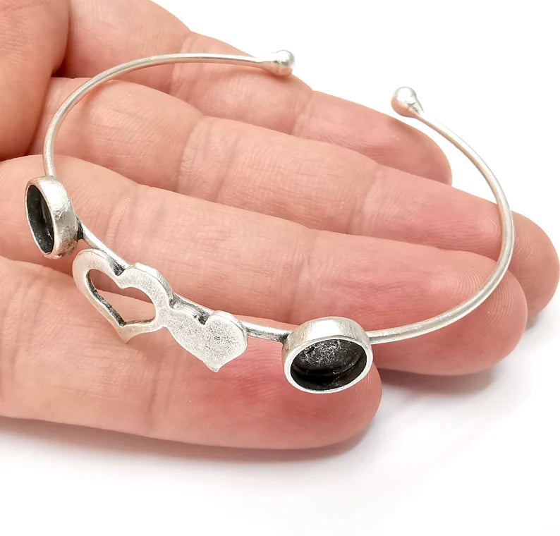Heart Silver Bracelet Brass Cuff Blank Bezel Glass Cabochon Base Adjustable Antique Silver Brass (8 mm blank) G34105