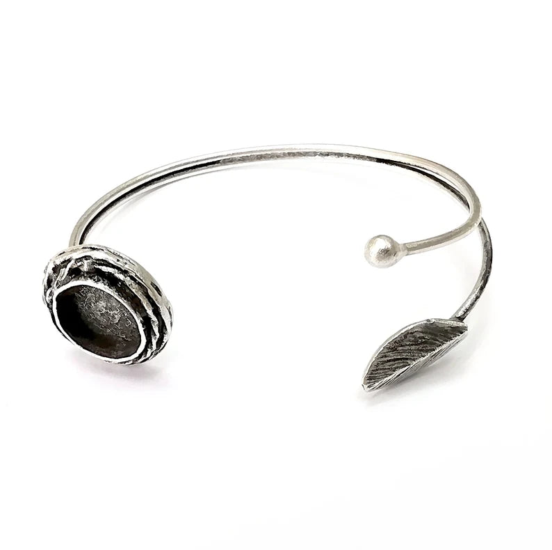 Leaf Bracelet Bezel Cuff Blank Resin Mountings Cabochon Base Settings Antique Silver Plated Brass Adjustable Bracelet (12 mm) G34085
