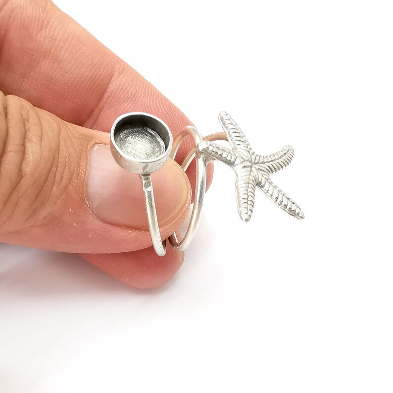 Starfish Ring Setting Resin Ring Blank Cabochon Mounting Adjustable Dried Flower Ring Base Bezel Antique Silver Plated Brass (8mm) G34115