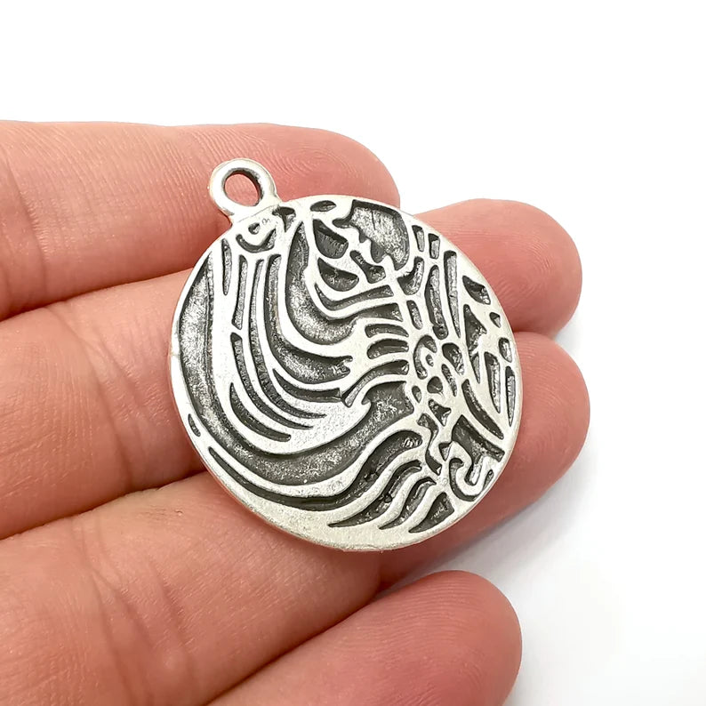 Wave Charms, Antique Silver Plated Pendant (40x34mm) G34119