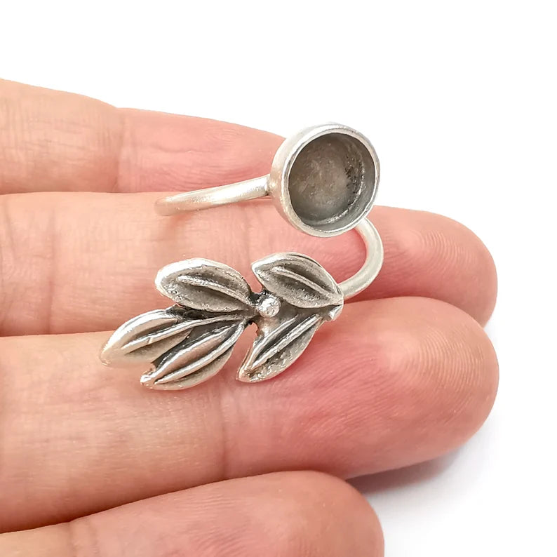 Leaf Branch Ring Blank Settings, Cabochon Mounting, Adjustable Antique Silver Resin Ring Base Bezel, Inlay Mosaic Cabochon (8mm) G34088