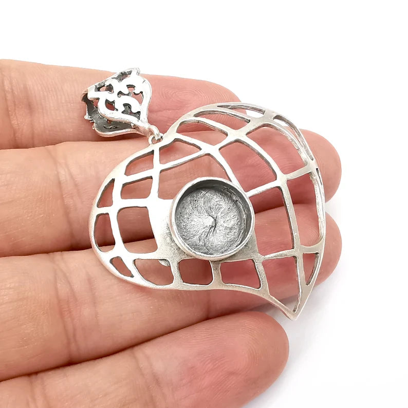 Heart Pendant Base Setting Bezel Blank Antique Silver Plated Brass Pendant (57mm) (12mm blank) G34089