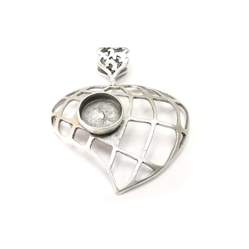 Heart Pendant Base Setting Bezel Blank Antique Silver Plated Brass Pendant (57mm) (12mm blank) G34089