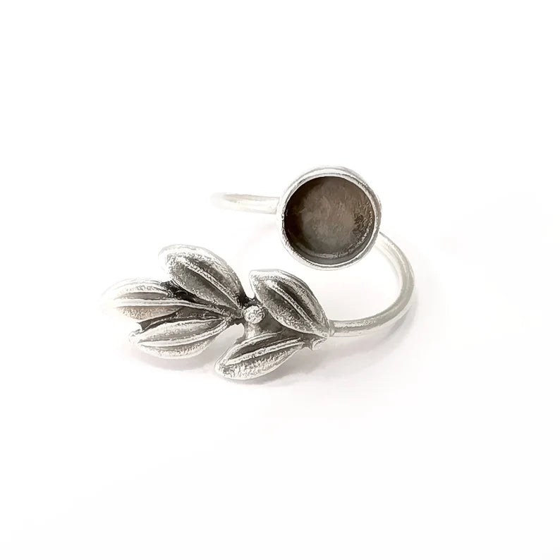 Leaf Branch Ring Blank Settings, Cabochon Mounting, Adjustable Antique Silver Resin Ring Base Bezel, Inlay Mosaic Cabochon (8mm) G34088