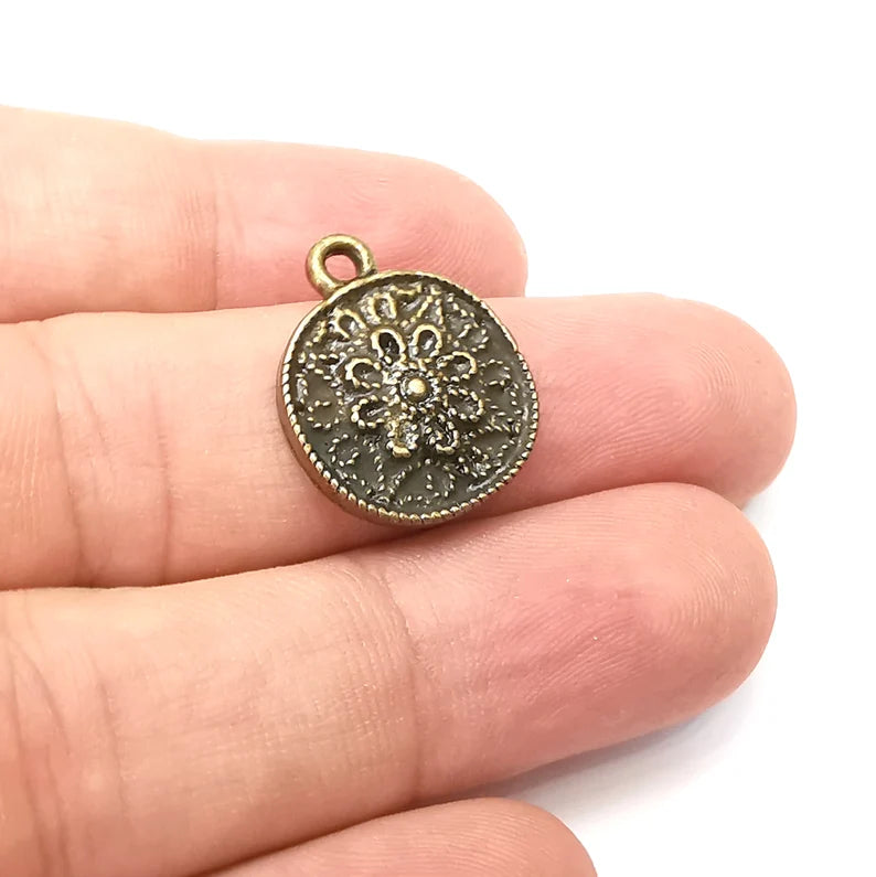 2 Flower Charms, Antique Bronze Plated Dangle Charms (22x18mm) G34146