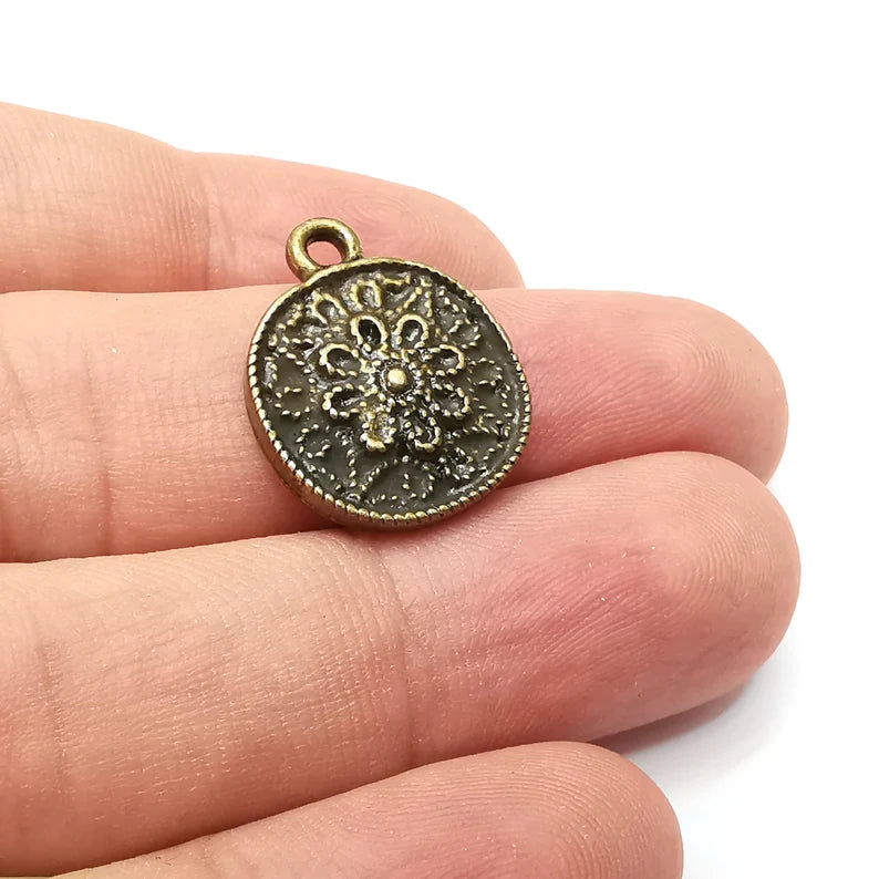 2 Flower Charms, Antique Bronze Plated Dangle Charms (22x18mm) G34146