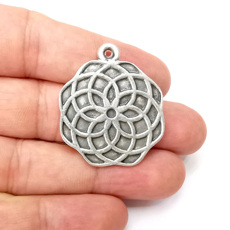 Flower Charms, Antique Silver Plated (37x32mm) G34095