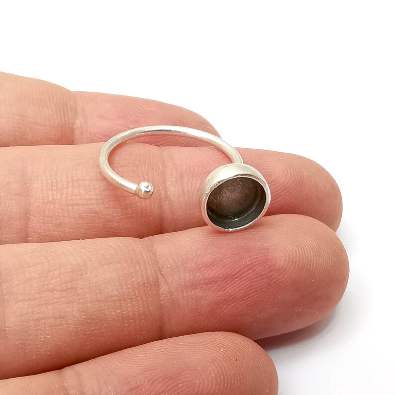 Silver Ring Setting Resin Ring Blank Cabochon Mounting Adjustable Dried Flower Ring Base Bezel Antique Silver Plated Brass (8mm) G34161