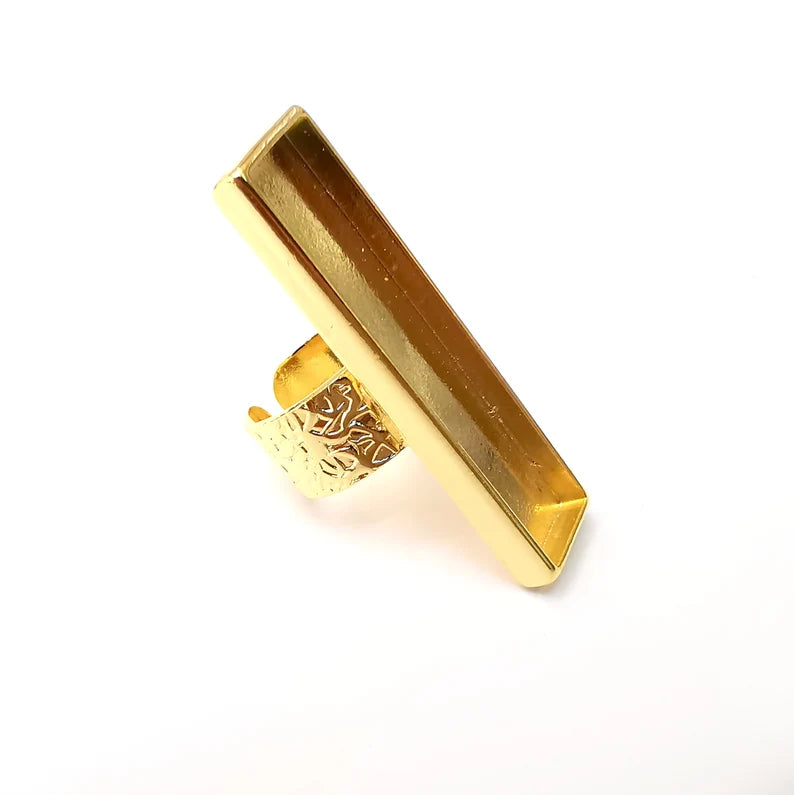 Rectangle Ring Blank Settings, Cabochon Mounting, Adjustable Gold Plated Resin Ring Base Bezel, Inlay Mosaic Epoxy (50x10mm) G22027