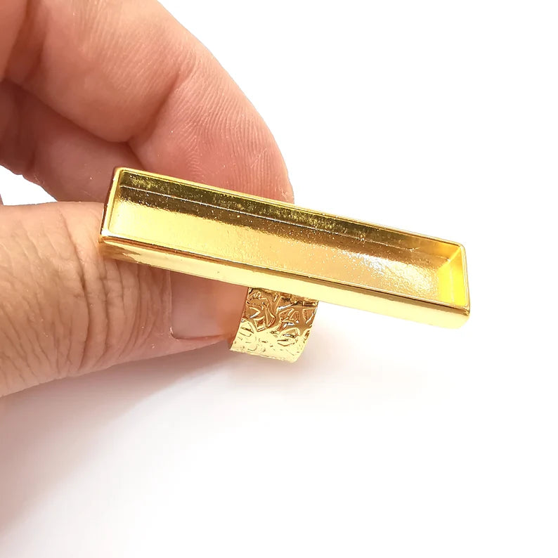 Rectangle Ring Blank Settings, Cabochon Mounting, Adjustable Gold Plated Resin Ring Base Bezel, Inlay Mosaic Epoxy (50x10mm) G22027