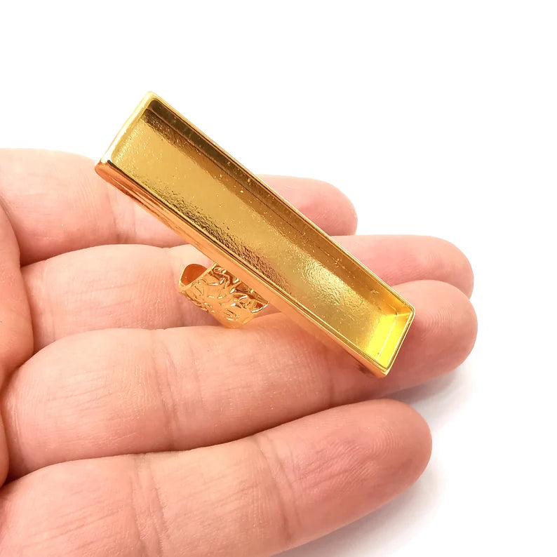 Rectangle Ring Blank Settings, Cabochon Mounting, Adjustable Gold Plated Resin Ring Base Bezel, Inlay Mosaic Epoxy (50x10mm) G22027