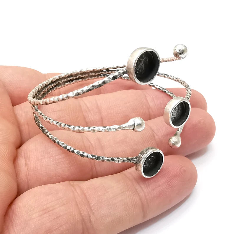 Wire Silver Bracelet Brass Cuff Blank Bezel Glass Cabochon Base Adjustable Antique Silver Brass (8 mm blank) G34106