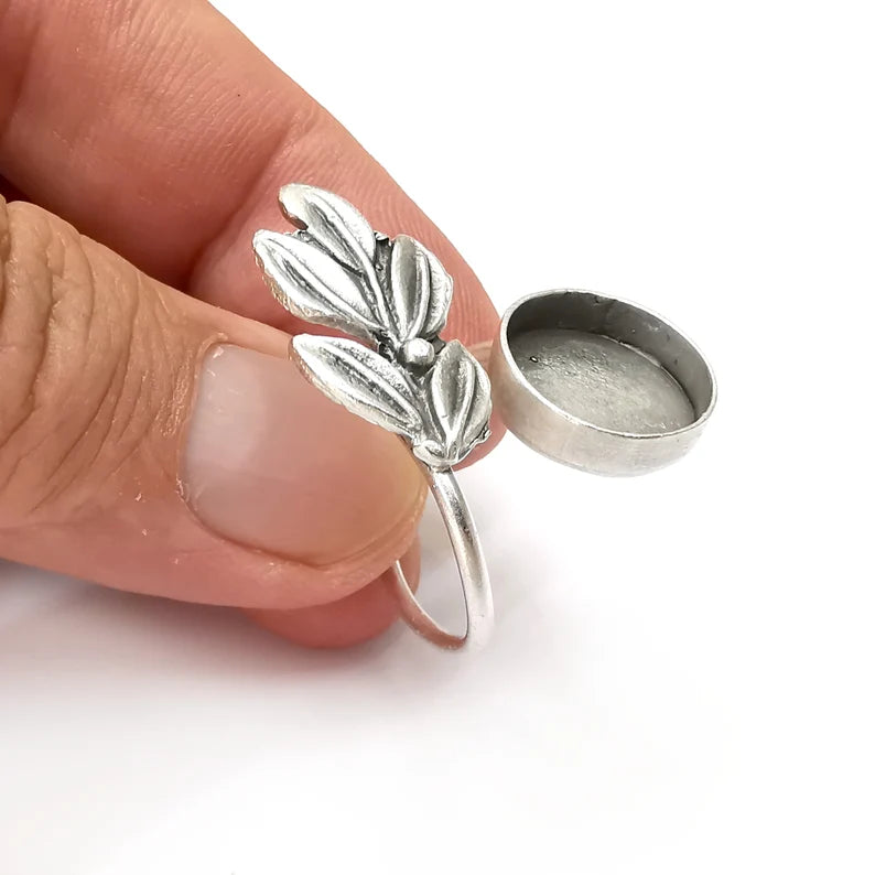 Leaf Branch Ring Blank Settings, Cabochon Mounting, Adjustable Antique Silver Resin Ring Base Bezel, Inlay Mosaic Cabochon (14mm) G34107