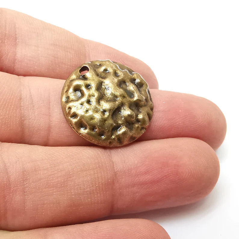 Hammered Dome Disc Charms, Antique Bronze Plated Dangle Charms (24mm) G34172
