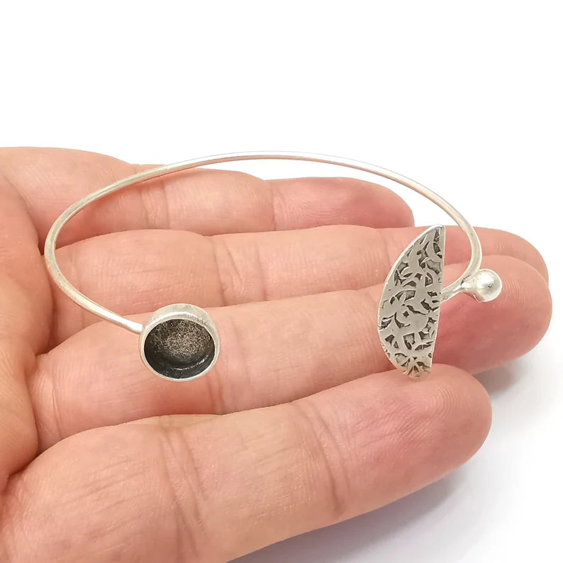 Wire Silver Bracelet Brass Cuff Blank Bezel Glass Cabochon Base Adjustable Antique Silver Brass (8 mm blank) G34109