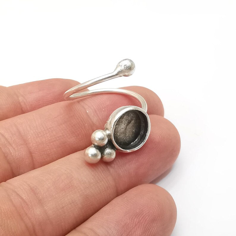 Silver Ring Blank Settings, Cabochon Mounting, Adjustable Antique Silver Resin Ring Base Bezel, Inlay Mosaic Cabochon (10mm) G34111