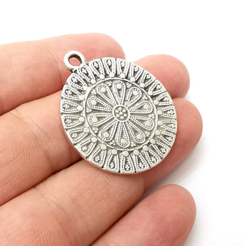 Flower Round Charms, Antique Silver Plated Dangle Charms (38x32mm) G34179