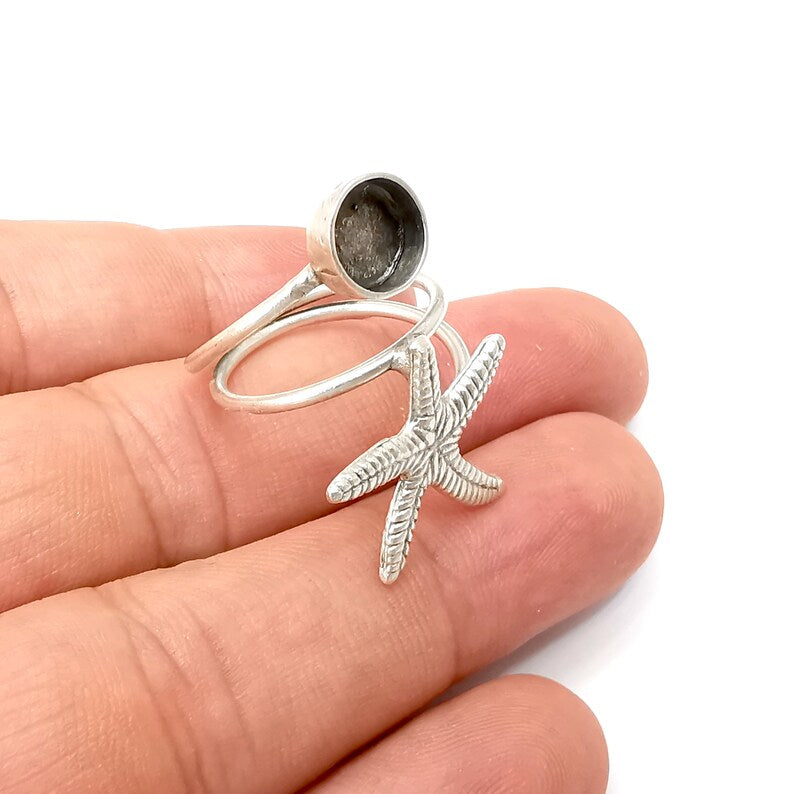 Starfish Ring Setting Resin Ring Blank Cabochon Mounting Adjustable Dried Flower Ring Base Bezel Antique Silver Plated Brass (8mm) G34115