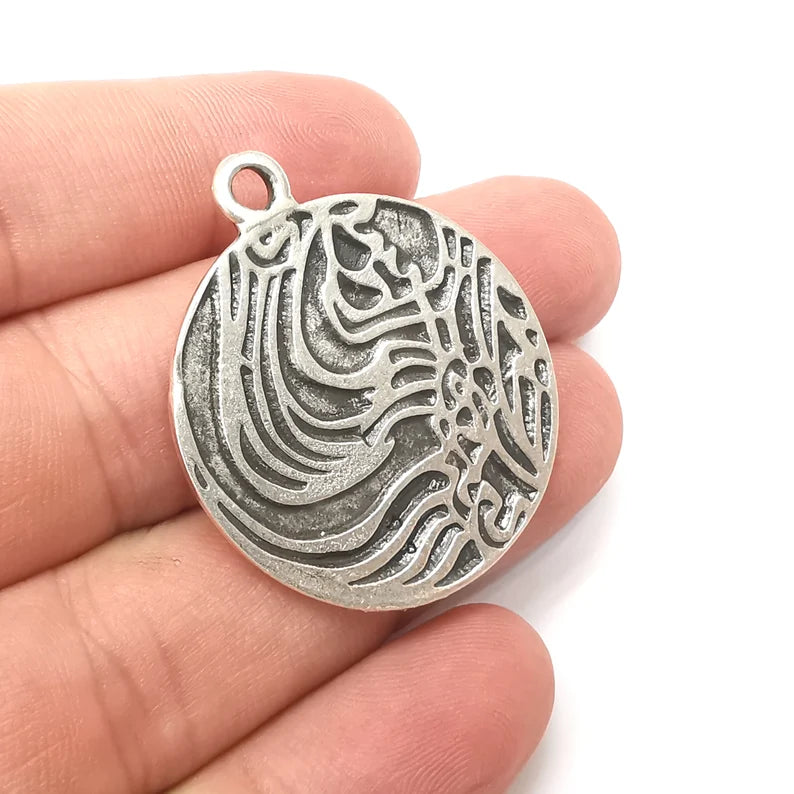 Wave Charms, Antique Silver Plated Pendant (40x34mm) G34119