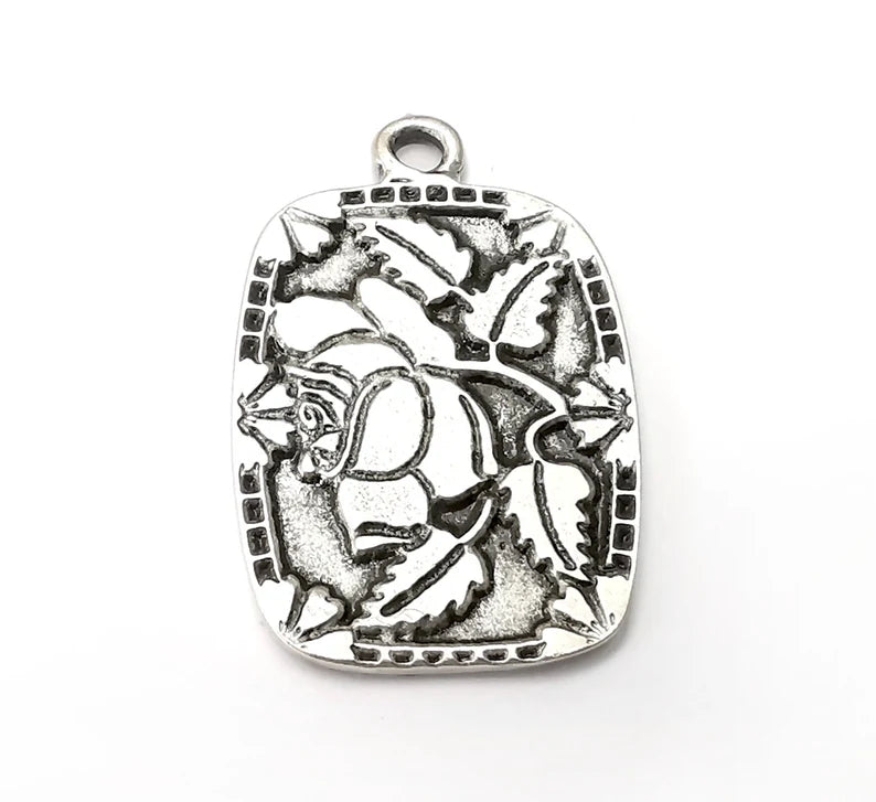 Flower Charms, Antique Silver Plated Pendant (39x26mm) G34120