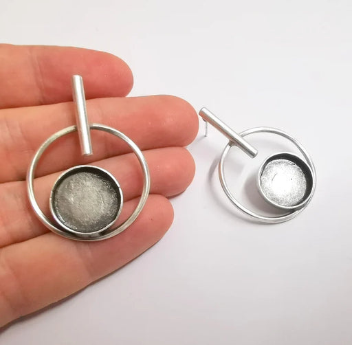Hoop Rod Stick Round Silver Earring Set Base Wire Antique Silver Plated Brass Earring Base (16mm cabochon bezel) (43x31mm) G34193