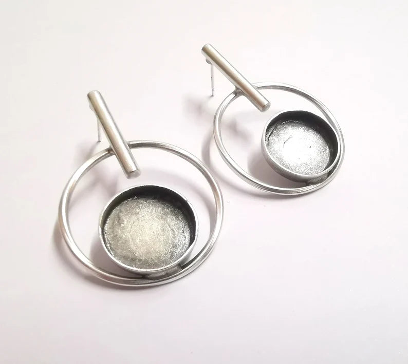 Hoop Rod Stick Round Silver Earring Set Base Wire Antique Silver Plated Brass Earring Base (16mm cabochon bezel) (43x31mm) G34193