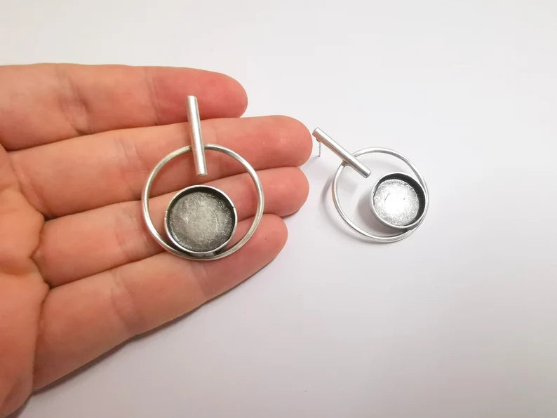 Hoop Rod Stick Round Silver Earring Set Base Wire Antique Silver Plated Brass Earring Base (16mm cabochon bezel) (43x31mm) G34193
