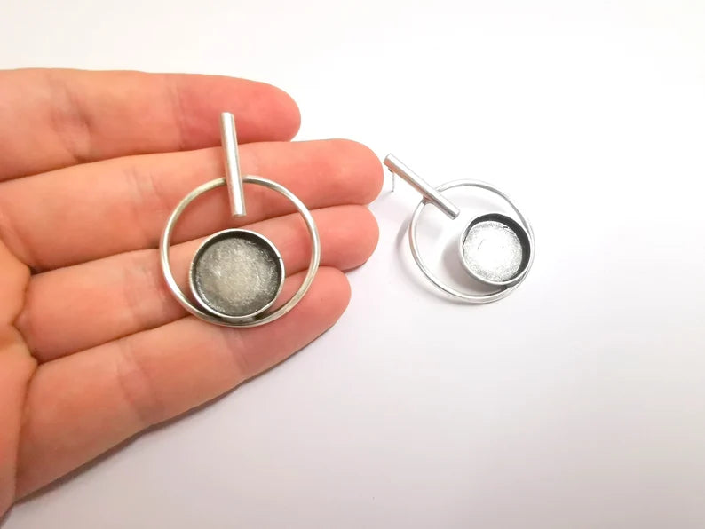 Hoop Rod Stick Round Silver Earring Set Base Wire Antique Silver Plated Brass Earring Base (16mm cabochon bezel) (43x31mm) G34193