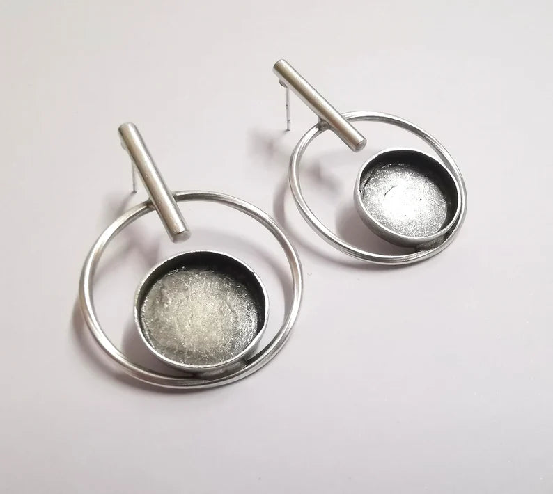 Hoop Rod Stick Round Silver Earring Set Base Wire Antique Silver Plated Brass Earring Base (16mm cabochon bezel) (43x31mm) G34193
