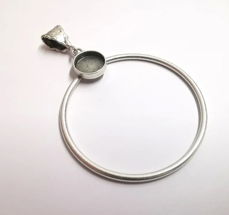 Circles Hammered Dangle Pendant Base Setting Bezel Blank Antique Silver Plated Brass Pendant (78x55 mm) (12mm blanks) G34194