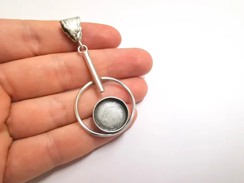 Circles Dangle Pendant Base Setting Bezel Blank Antique Silver Plated Brass Pendant (60x30 mm) (16mm blanks) G25006
