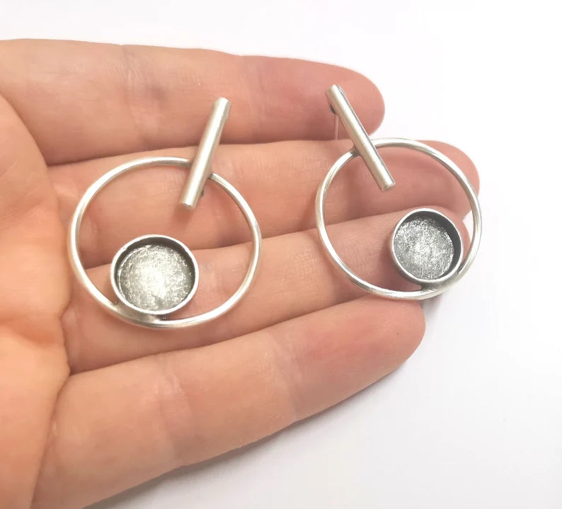 Hoop Rod Stick Round Silver Earring Set Base Wire Antique Silver Plated Brass Earring Base (12mm cabochon bezel) (43x31mm) G34199