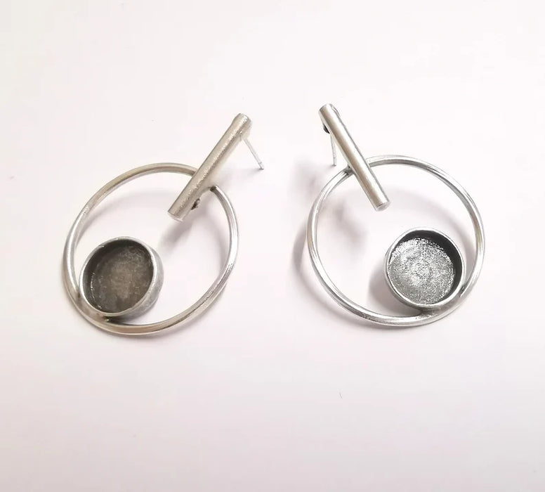 Hoop Rod Stick Round Silver Earring Set Base Wire Antique Silver Plated Brass Earring Base (12mm cabochon bezel) (43x31mm) G34199