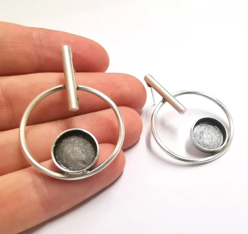 Hoop Rod Stick Round Silver Earring Set Base Wire Antique Silver Plated Brass Earring Base (12mm cabochon bezel) (43x31mm) G34199
