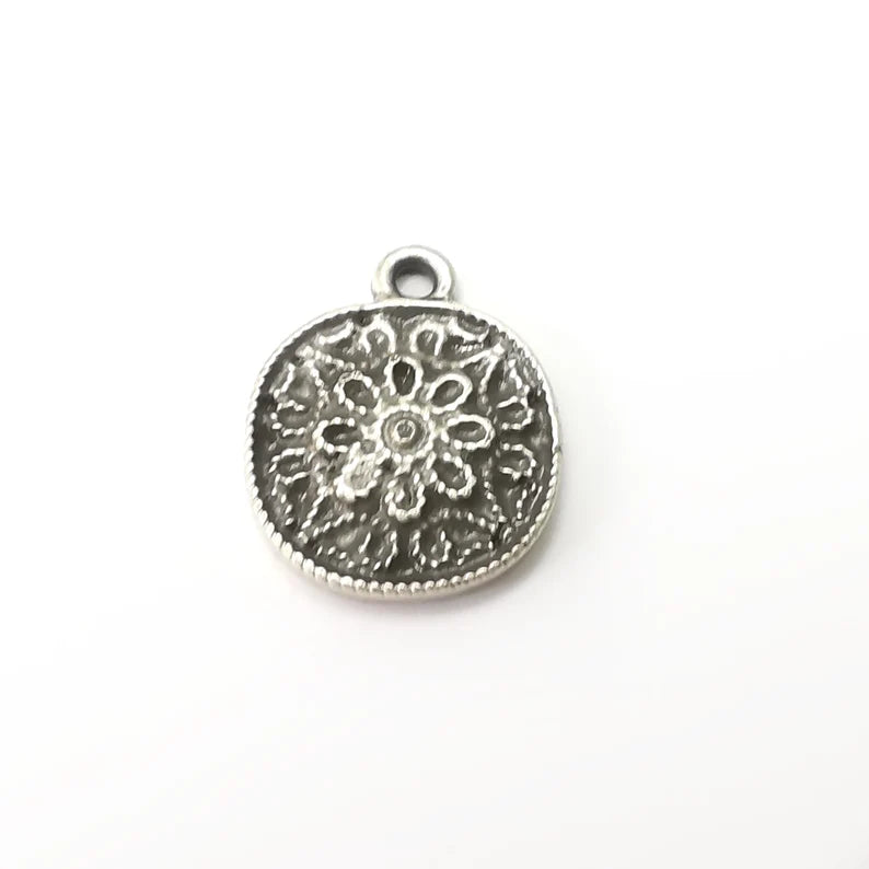 2 Flower Charms, Antique Silver Plated Dangle Charms (22x18mm) G34129