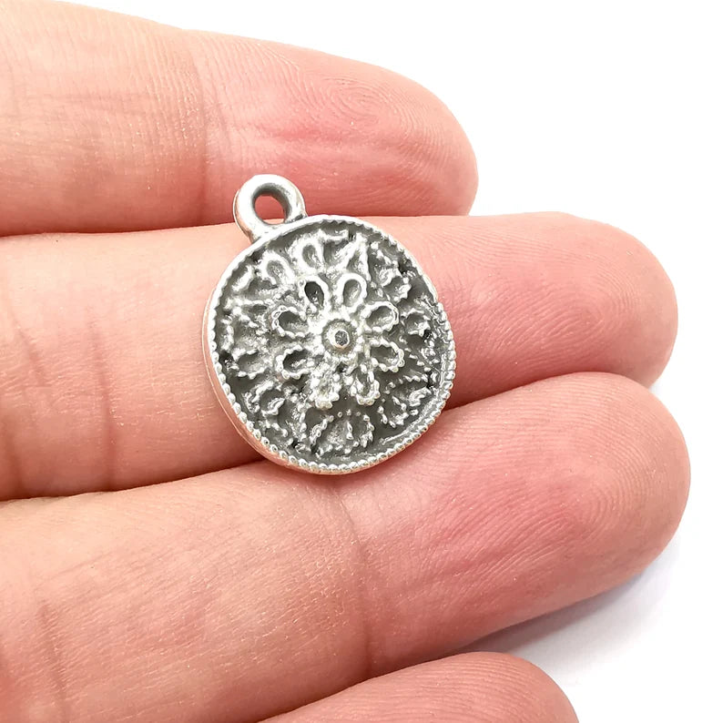2 Flower Charms, Antique Silver Plated Dangle Charms (22x18mm) G34129