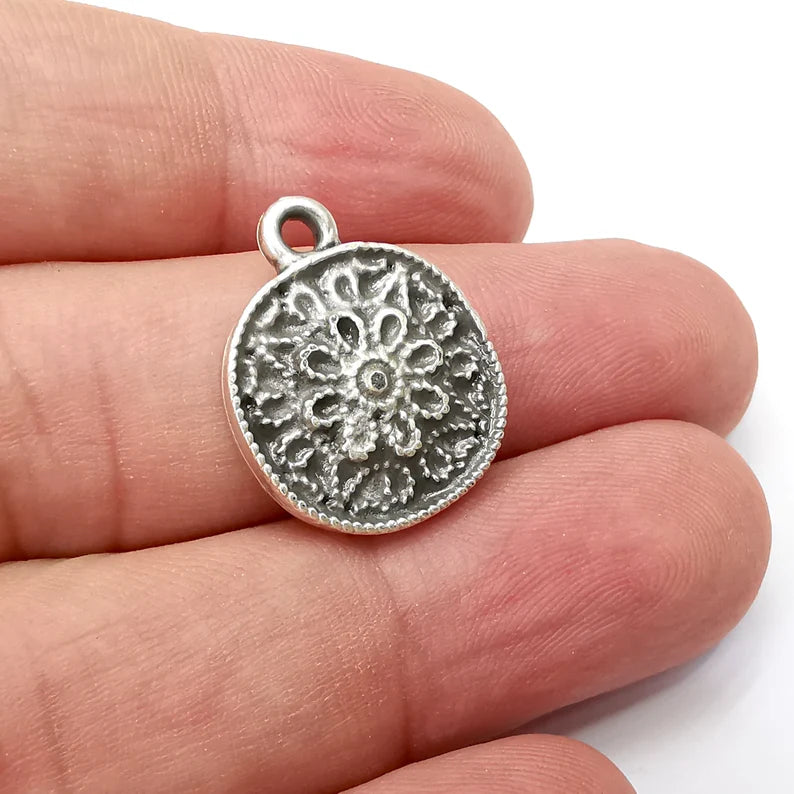 2 Flower Charms, Antique Silver Plated Dangle Charms (22x18mm) G34129