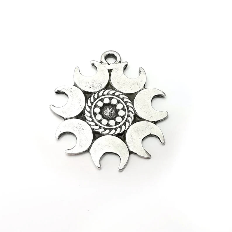 Crescent Moon Round Charms, Antique Silver Plated (37x32mm) G34202