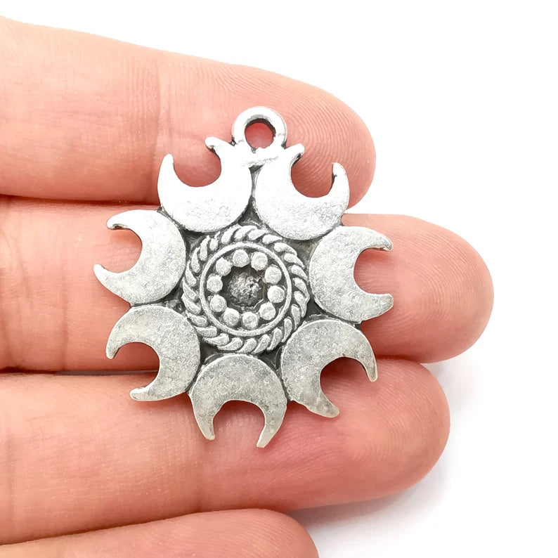 Crescent Moon Round Charms, Antique Silver Plated (37x32mm) G34202