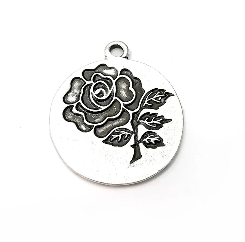 Rose , Flower Round Charms, Antique Silver Plated (40x33mm) G34203