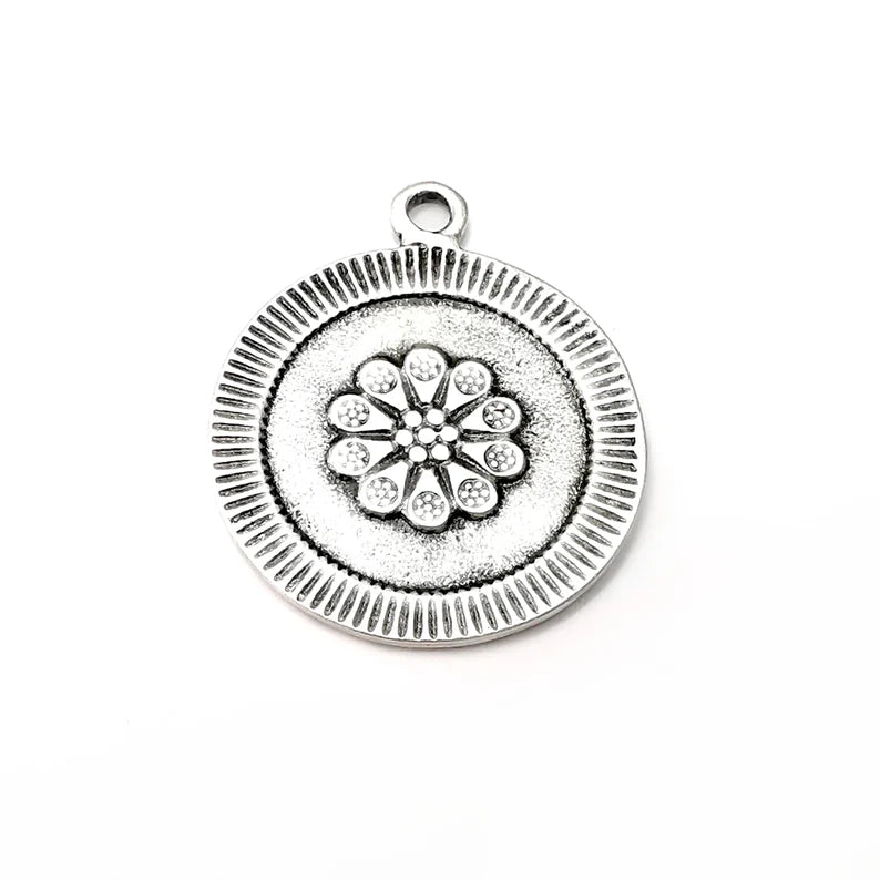 Flower Round Charms, Antique Silver Plated (39x33mm) G34204