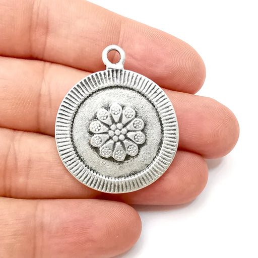 Flower Round Charms, Antique Silver Plated (39x33mm) G34204