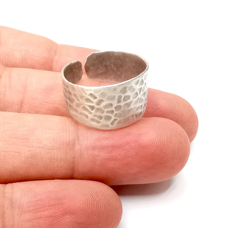 Hammered Ring Blank Ring Blank Adjustable Antique Silver Plated Brass Extra Large (13mm) G34208