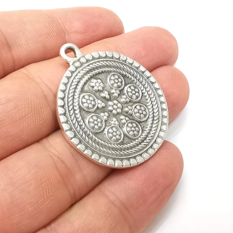 Flower Round Charms, Antique Silver Plated (40x34mm) G34209