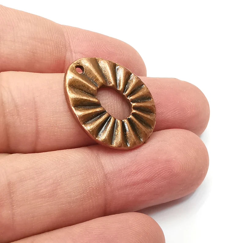 2 Oval Ribbed Charms, Antique Copper Plated Dangle Charms (25x20mm) G34135
