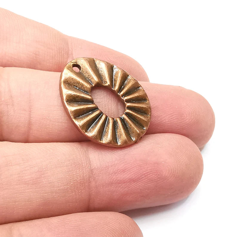 2 Oval Ribbed Charms, Antique Copper Plated Dangle Charms (25x20mm) G34135