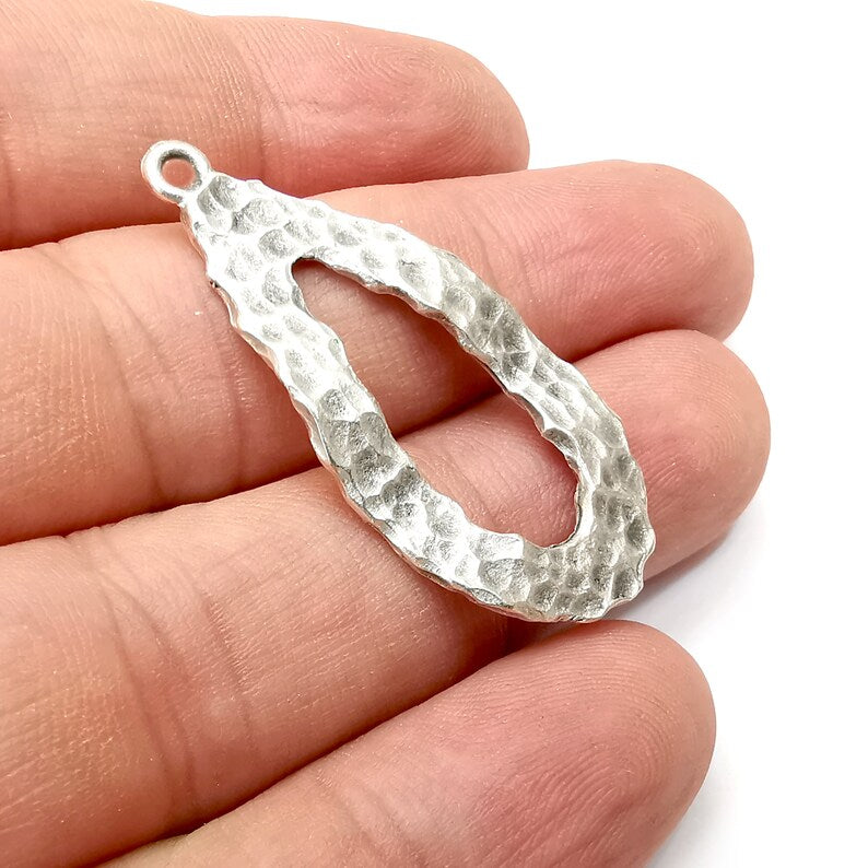 2 Drop Organic Charms, Antique Silver Plated (42x20mm) G34138